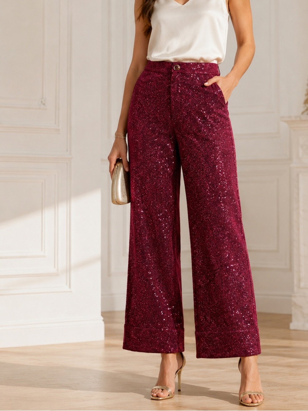 Buru Shimmer Full Length Culotte Pants ‎Sz L Wide Ankle Leg Occasion Holiday